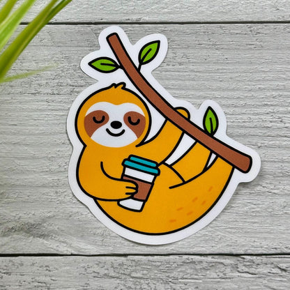 Cute Sloth Coffee Sticker: 3in x 2.5in Waterproof Vinyl Decal