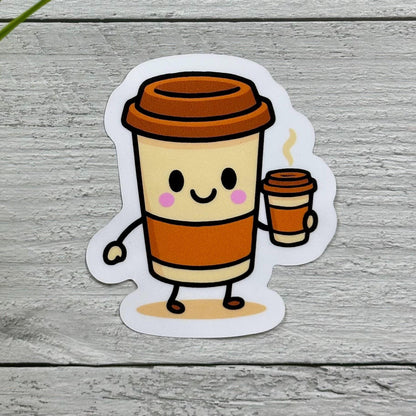 Coffee Drinking Coffee Vinyl Sticker, Cute Design (3in x 2.5in, Waterproof)