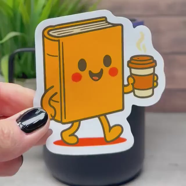 Book Drinking Coffee Vinyl Sticker, Cute Design (3in x 3in, Waterproof)