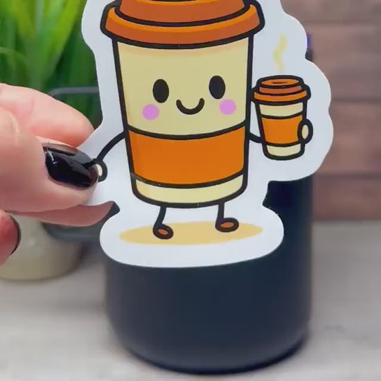 Coffee Drinking Coffee Vinyl Sticker, Cute Design (3in x 2.5in, Waterproof)