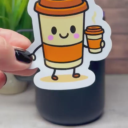 Coffee Drinking Coffee Vinyl Sticker, Cute Design (3in x 2.5in, Waterproof)