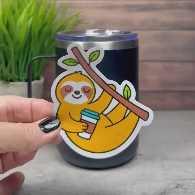 Cute Sloth Coffee Sticker: 3in x 2.5in Waterproof Vinyl Decal