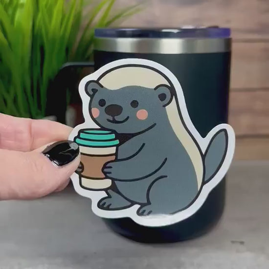 Honey Badger Vinyl Sticker, Cute Coffee Design [Waterproof decal, 3x3 inches]
