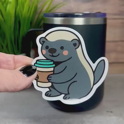 Honey Badger Vinyl Sticker, Cute Coffee Design [Waterproof decal, 3x3 inches]